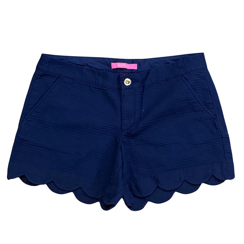 Lilly Pulitzer Callahan Scallop Hem Seersucker Shorts Navy Blue Womens Size 6